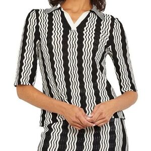 Women's Misook Pointelle Intarsia Knit V-Neck Tunic Top Black White Stripe Small